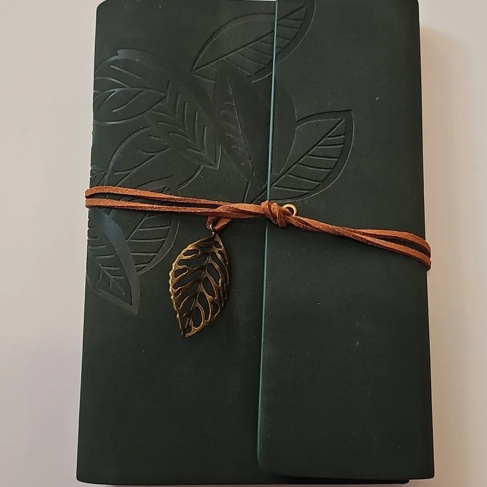 Green Leaf Embossed Faux Suede Leather Journal with Leaf Charm Emerald Green